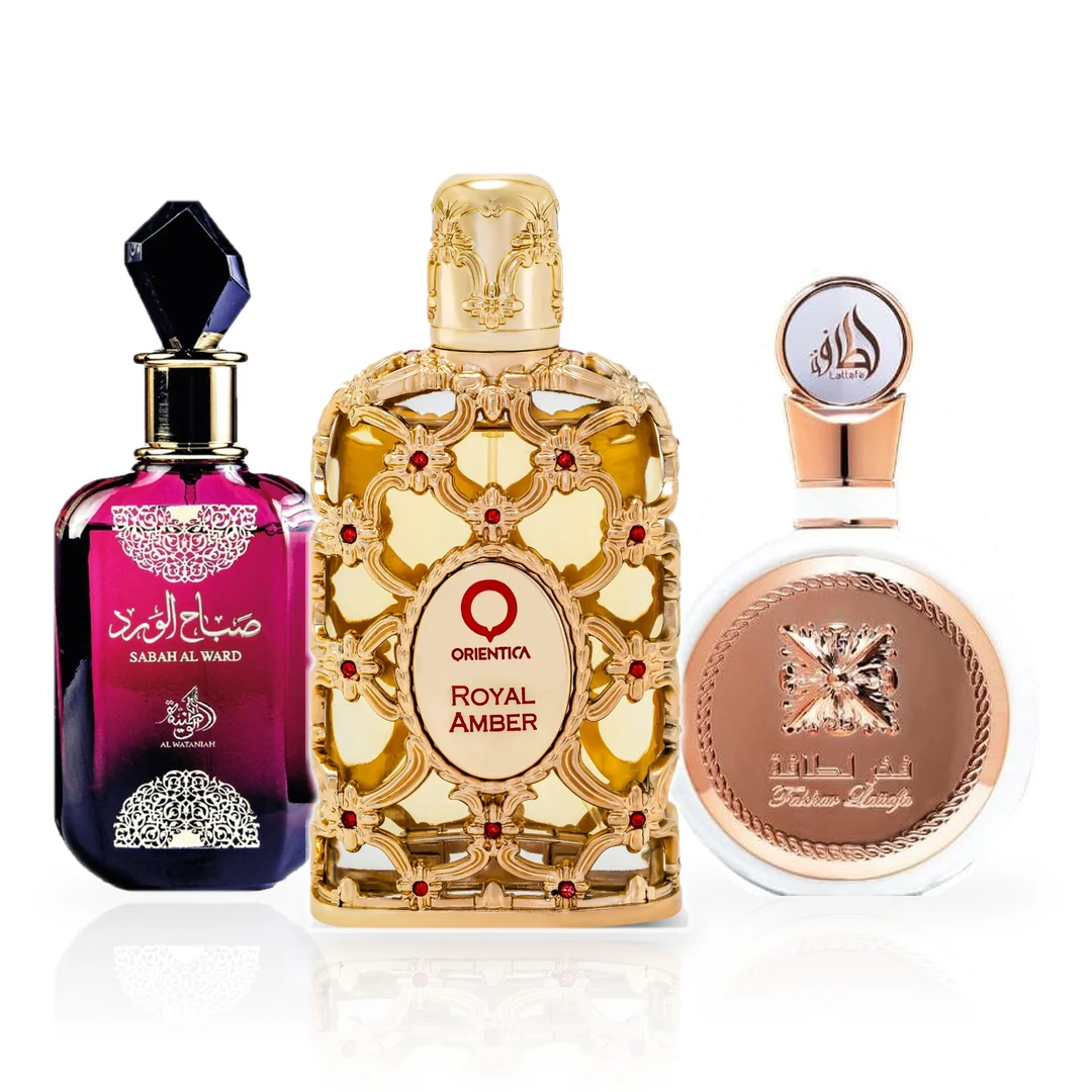 Pack de 3 Perfumes 100ML: Al Wataniah Sabah Al Ward, Lattafa Fakhar Women y Orientica Royal Amber