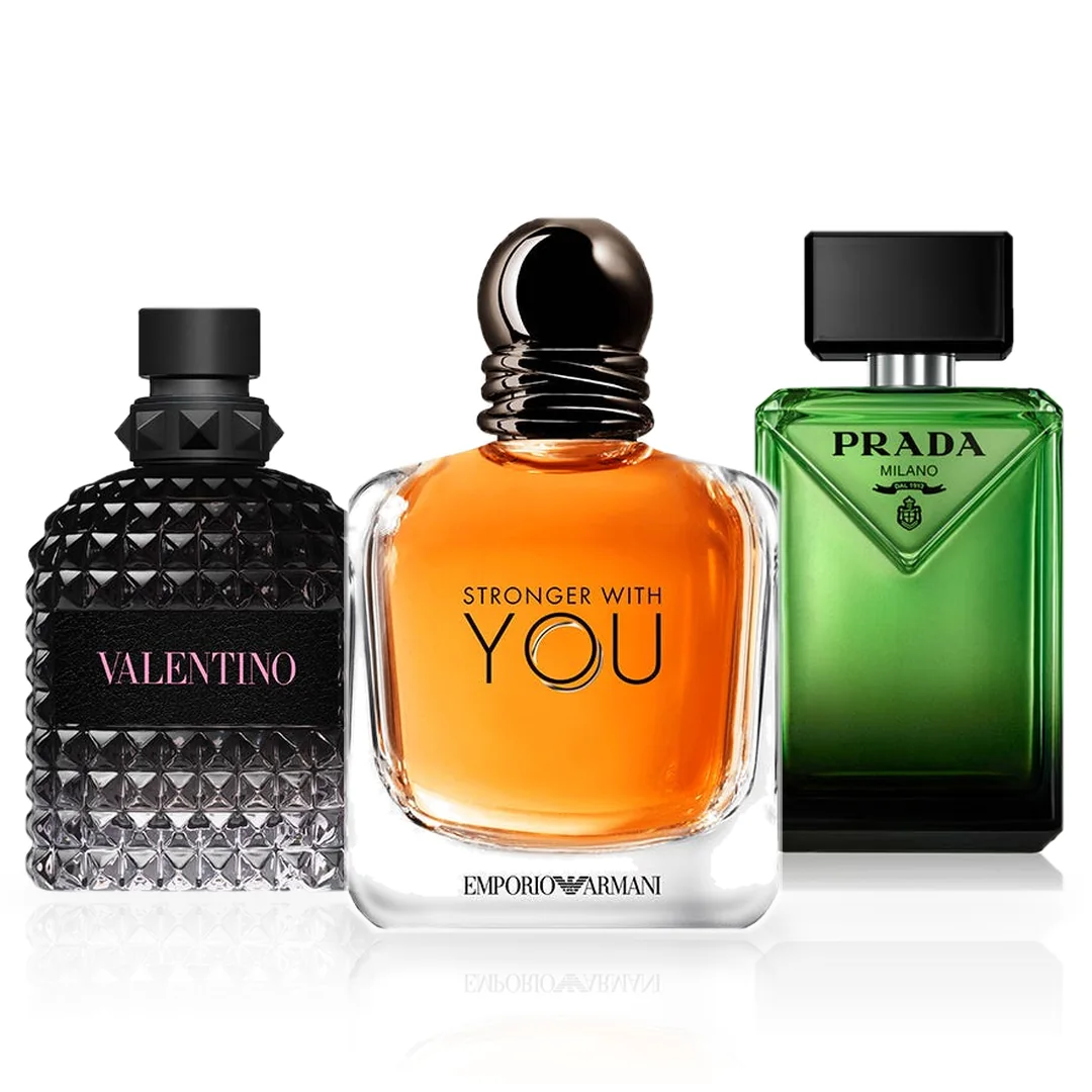 Pack de 3 Perfumes 100ML: Armani Stronger With You, Valentino Born in Roma Uomo y Prada Paradigme