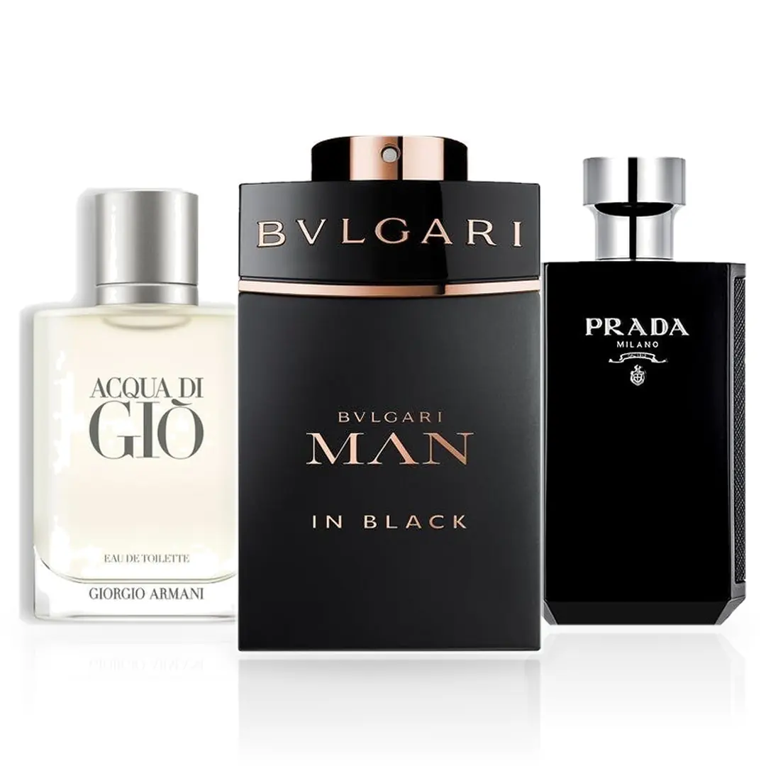 Pack de 3 Perfumes 100ML: Bvlgari Man In Black, Armani Acqua di Giò y Prada L'Homme Intense