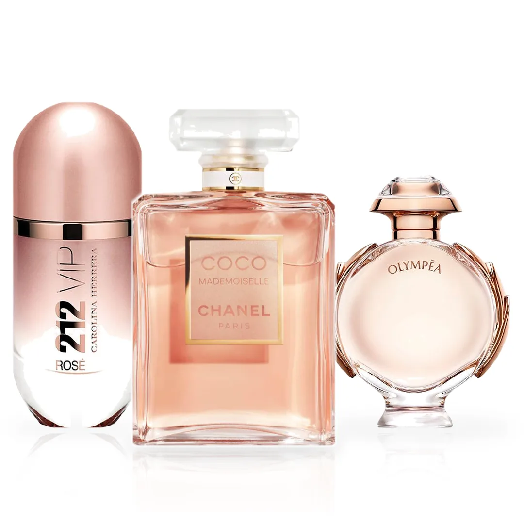Pack de 3 Perfumes 100ML: Carolina Herrera 212 VIP Rosé, Rabanne Olympéa y Chanel Coco Mademoiselle
