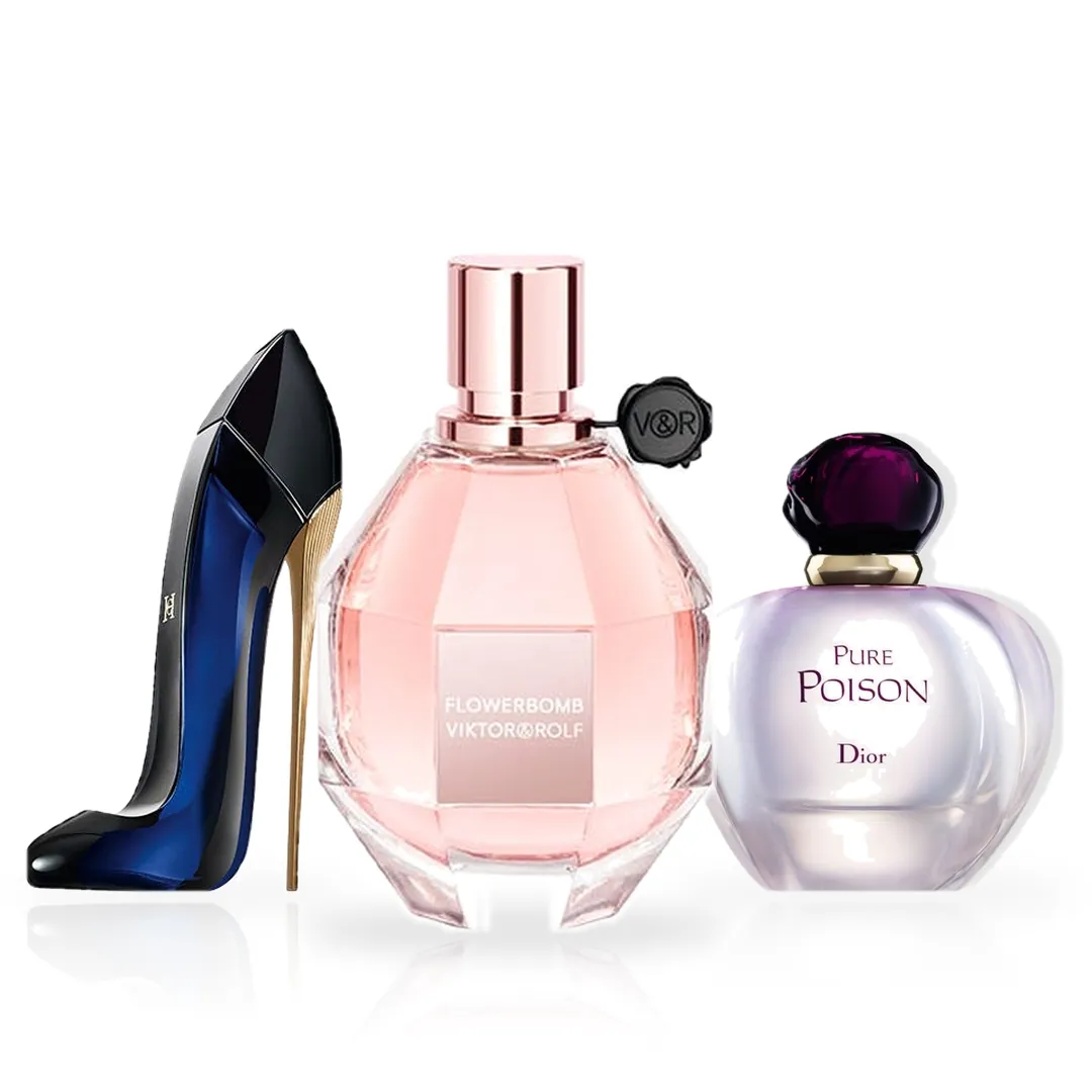 Pack de 3 Perfumes 100ML: Carolina Herrera Good Girl, Viktor & Rolf Flowerbomb y Dior Pure Poison