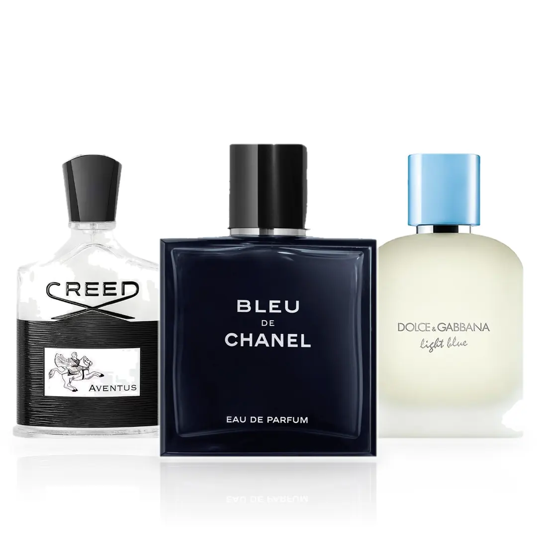 Pack de 3 Perfumes 100ML: Chanel Bleu de Chanel, Creed Aventus y Dolce & Gabbana Light Blue Pour Homme