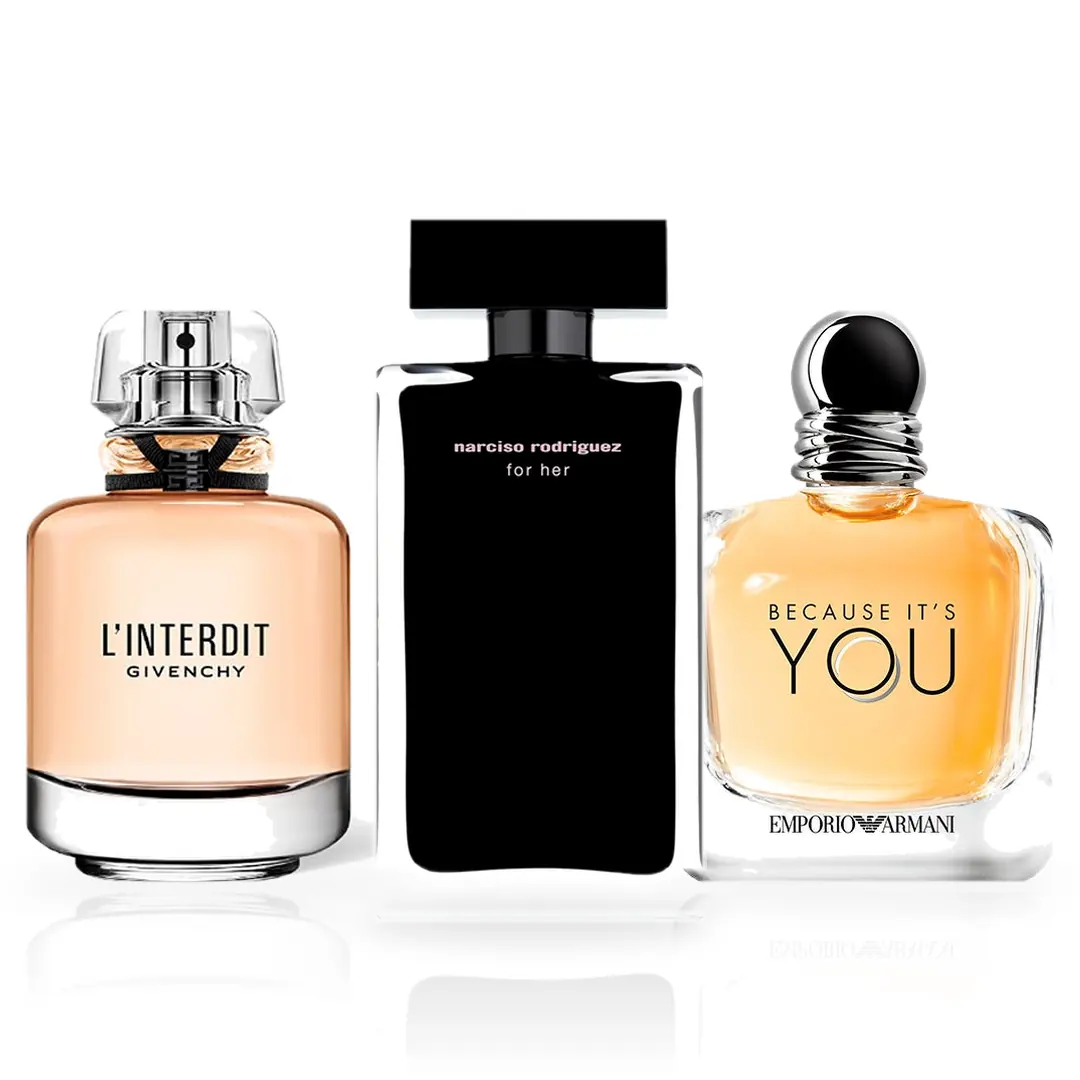 Pack de 3 Perfumes 100ML: Narciso Rodriguez For Her, Givenchy L'Interdit y Armani Because It's You