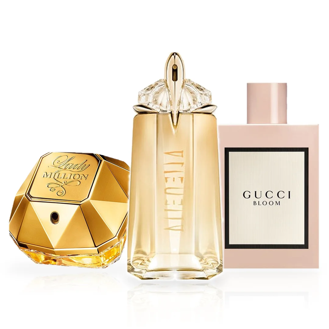 Pack de 3 Perfumes 100ML: Rabanne Lady Million, Mugler Alien Goddess y Gucci Bloom