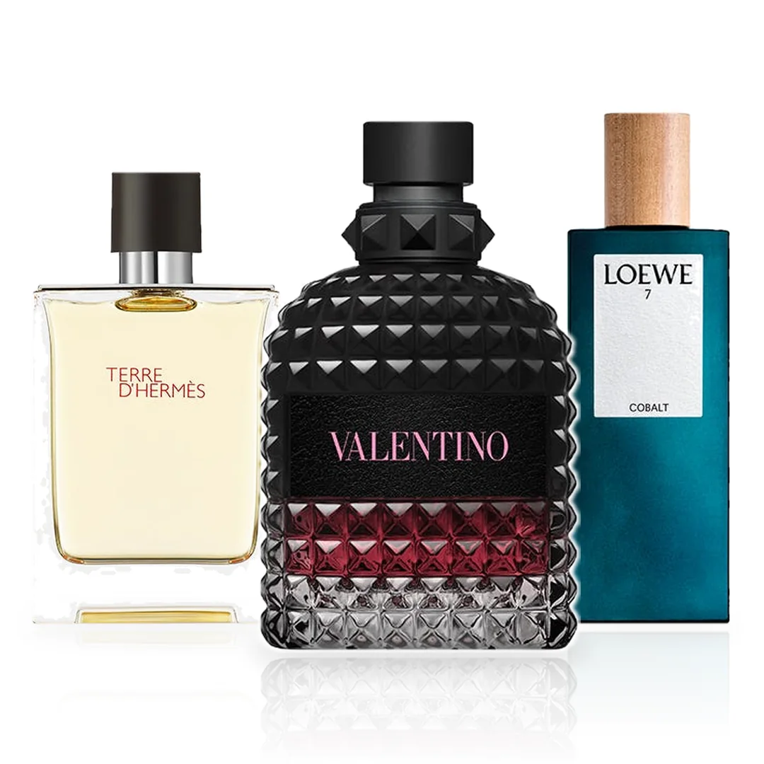 Pack de 3 Perfumes 100ML: Valentino Born in Roma Uomo Intense, Hermès Terre d'Hermès y Loewe 7 Cobalt